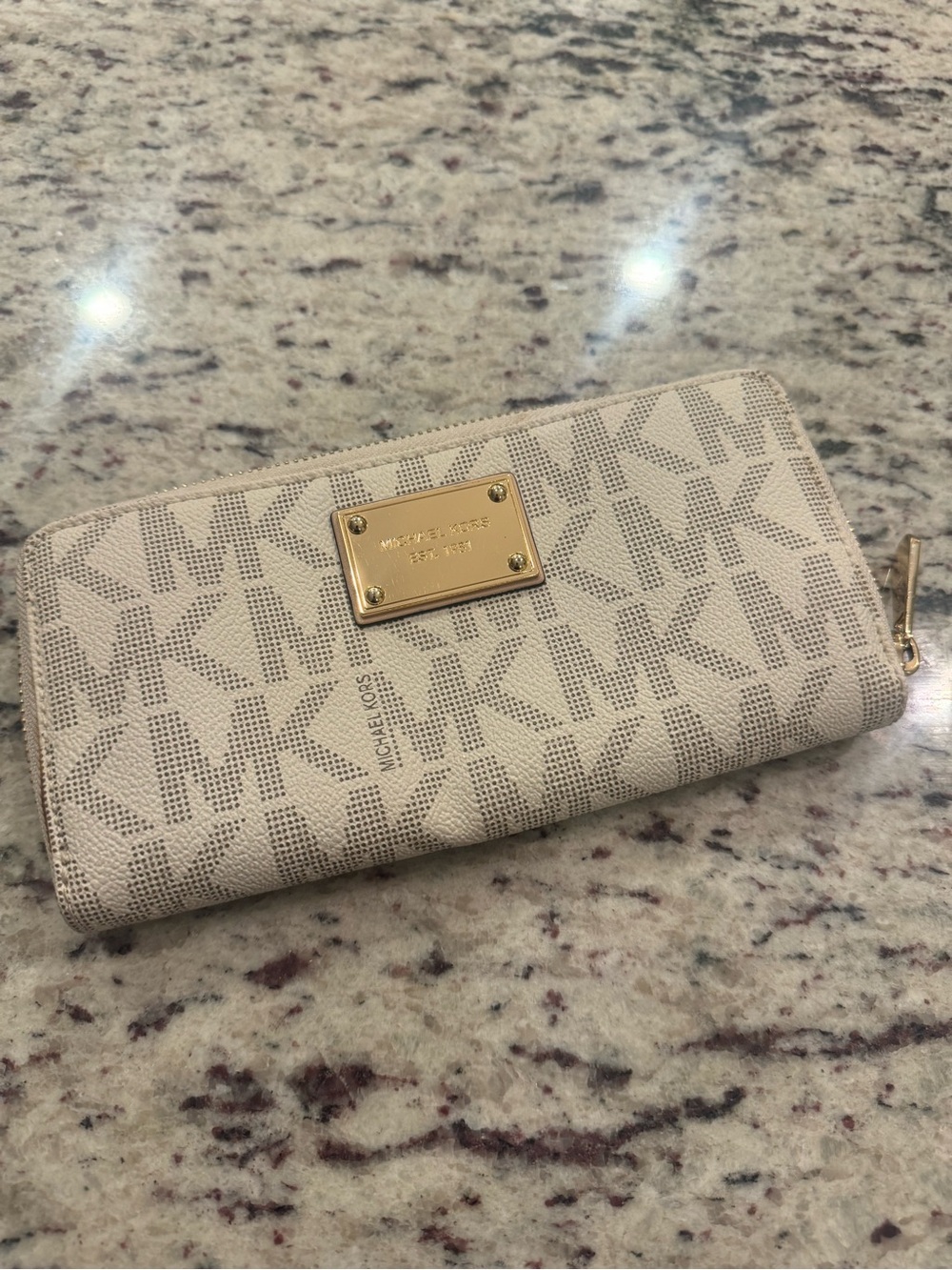Michael Kors Beige Cream Monogram Zip Wallet with Gold Plaque